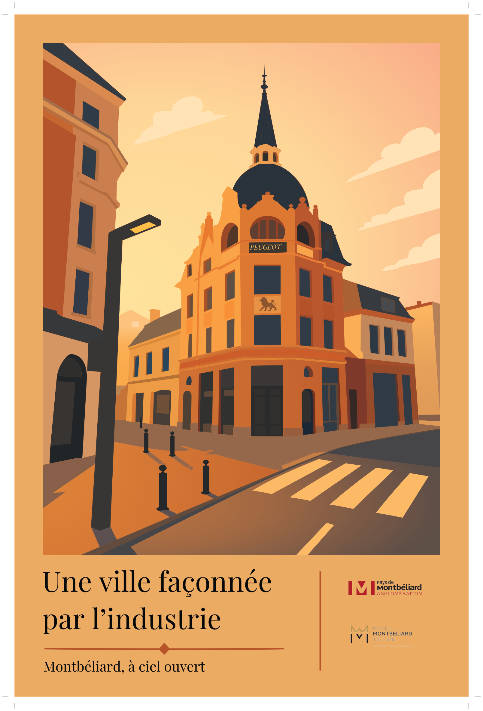 Affiche illustrée du bâtiment Peugeot à Montbéliard
